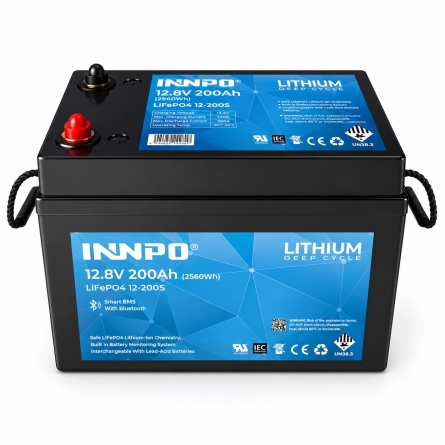 INNPO LiFePO4 Batterie 12,8V 200Ah, Abmessungen 350 × 190 × 270 mm.