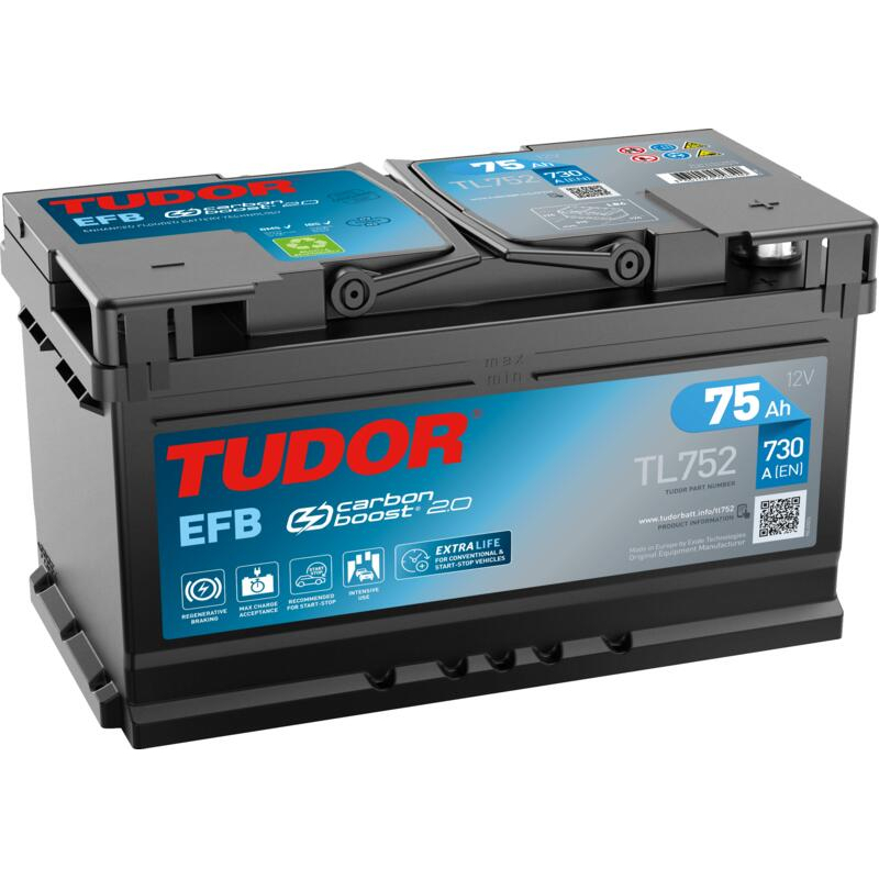 Tudor EFB TL752 12V 75Ah 730A, 315 × 175 × 175 mm, Polo positivo a destra