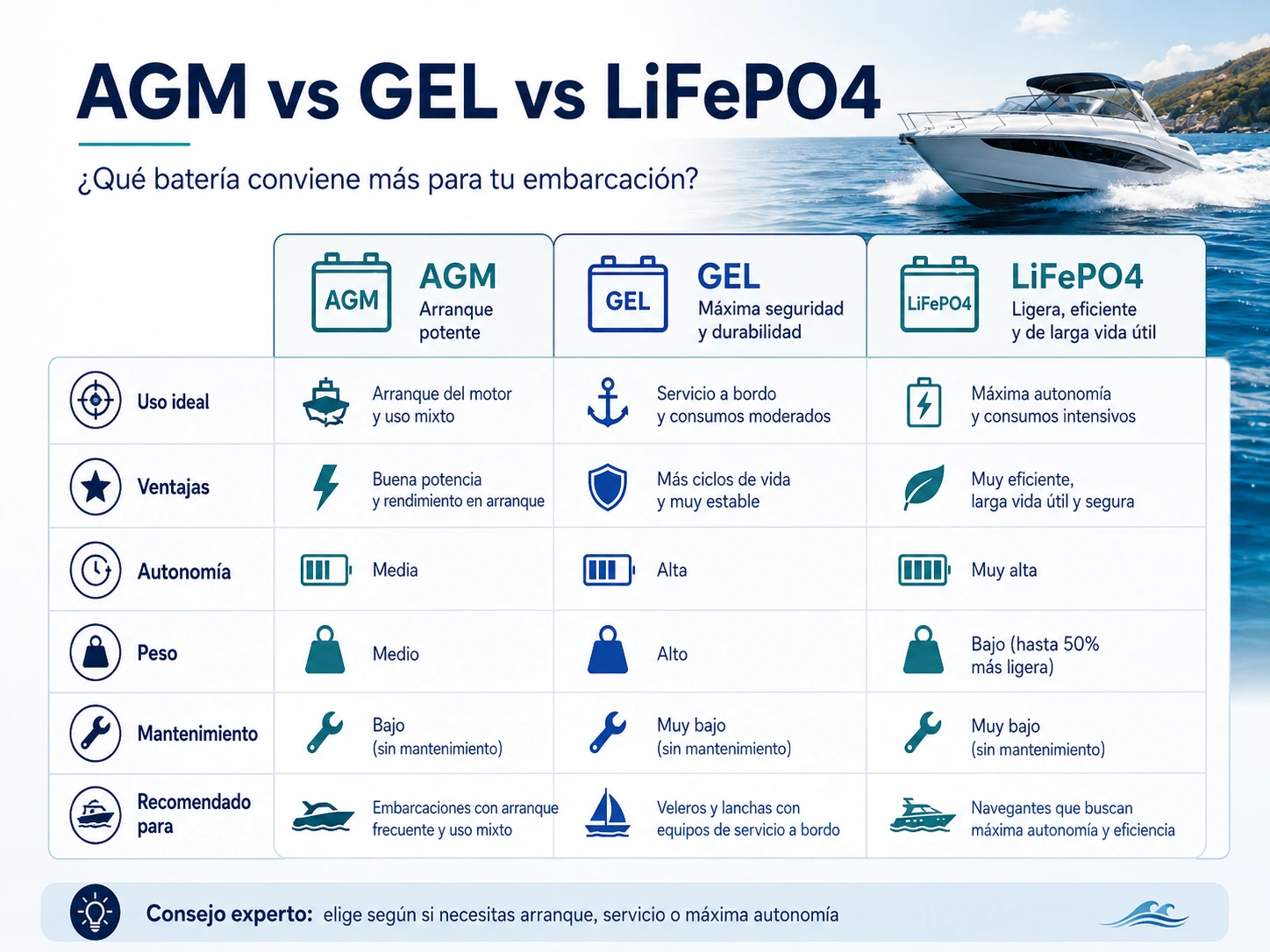 Comparativa AGM GEL LiFePO4 para embarcaciones