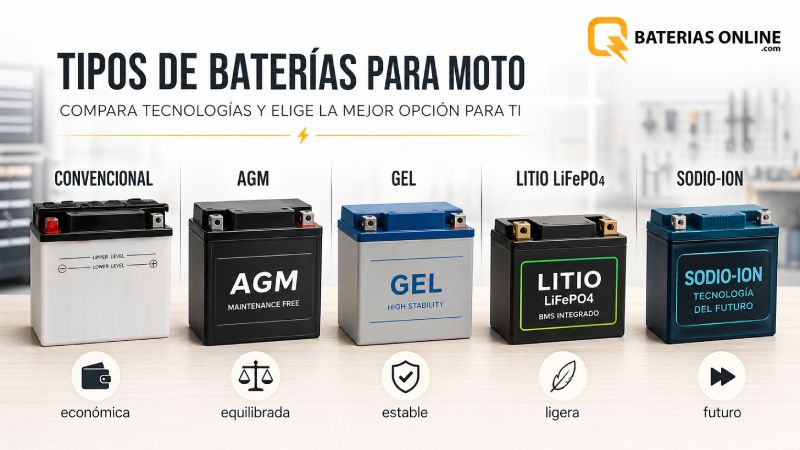 Tipos de baterías para moto: convencional, AGM, GEL, litio y sodio-ion