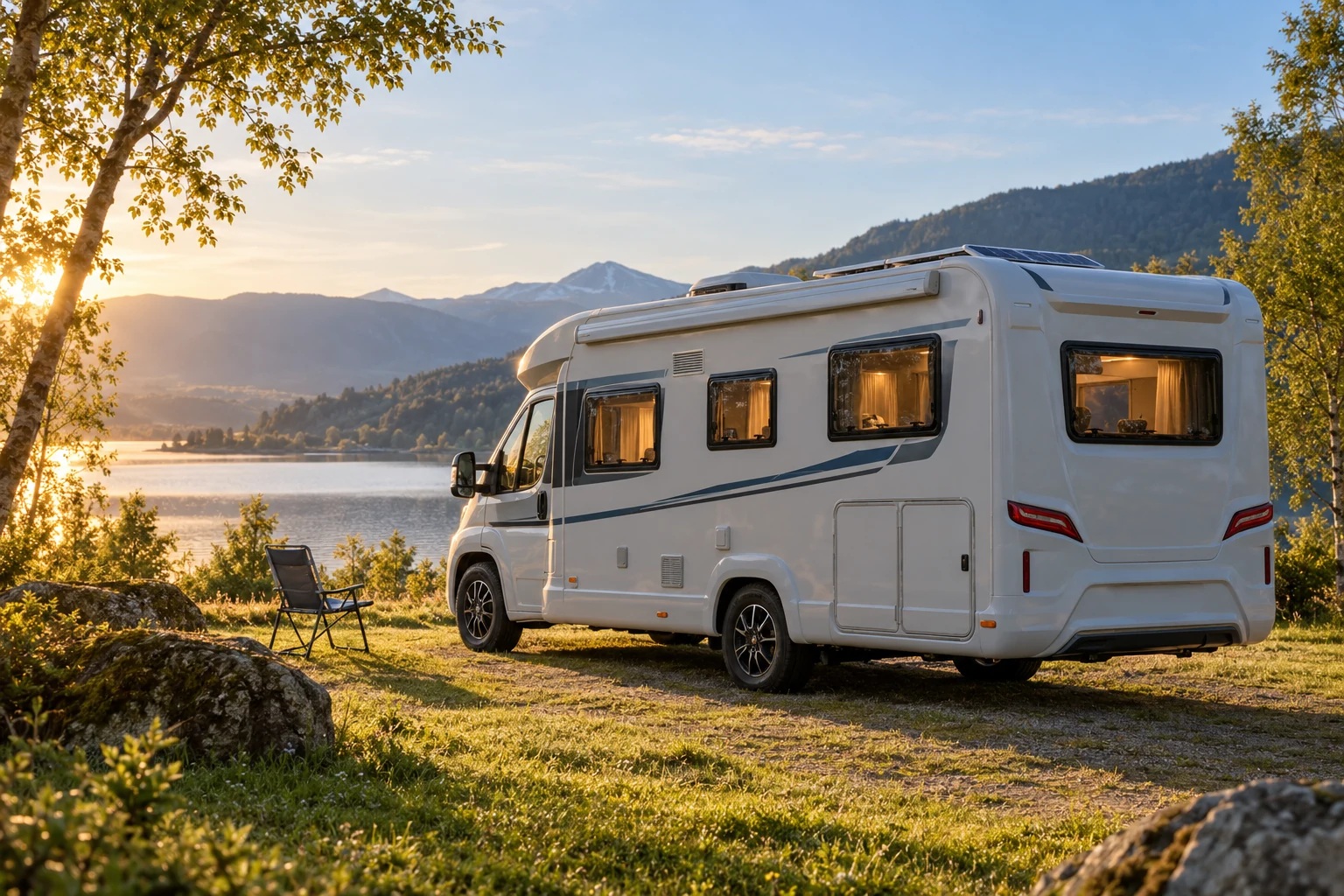 Wohnmobil mit Solarmodul in einer Berglandschaft; illustrative Szene