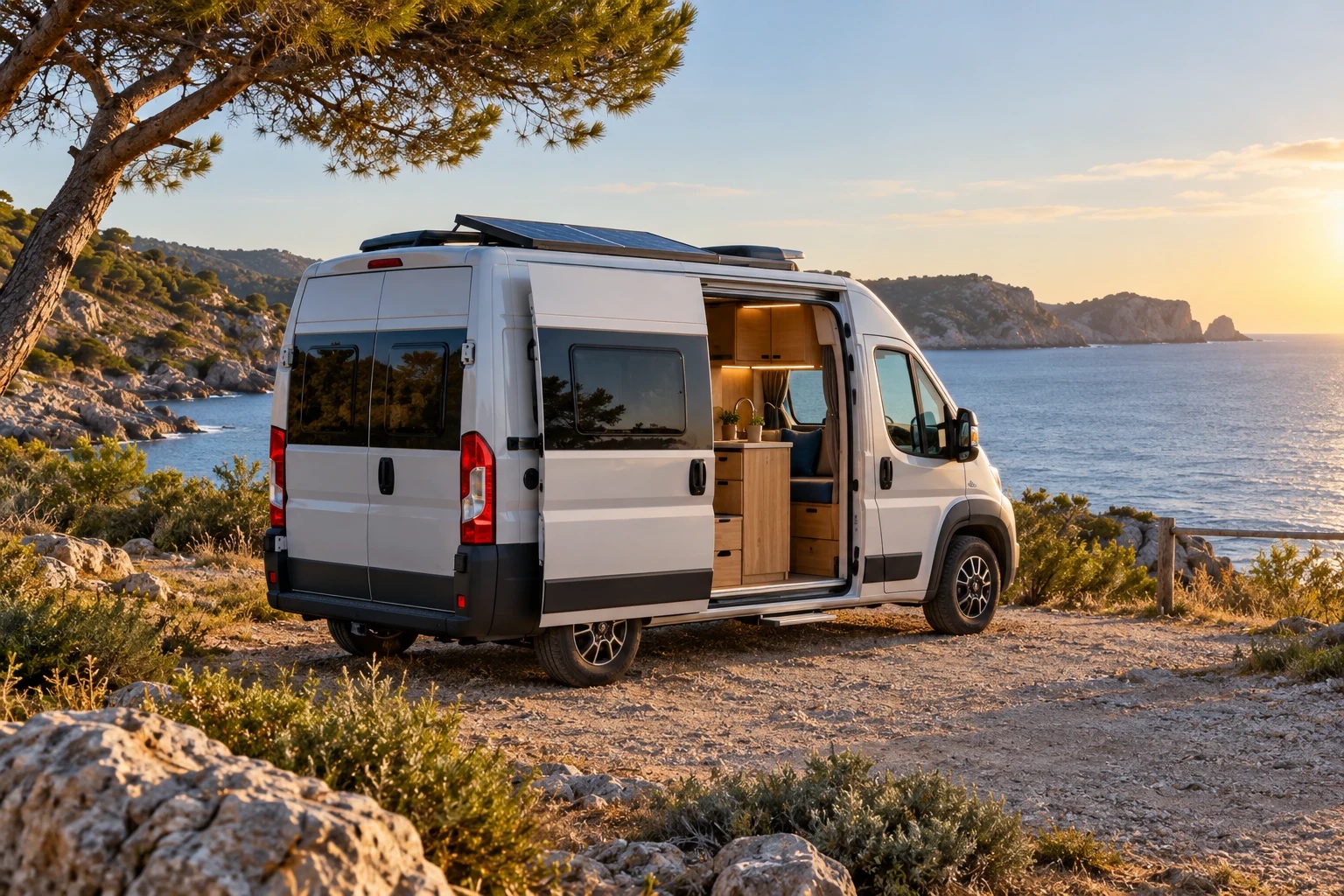 Camper mit Solarmodul auf dem Dach am Meer; illustrative Szene