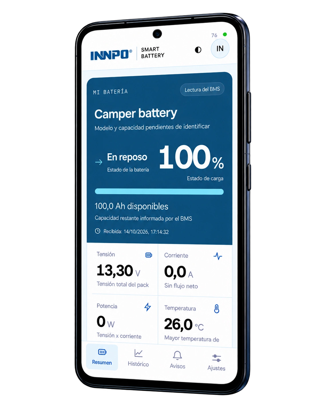 Illustrative Smartphone-Ansicht von INNPO Smart Battery mit Ladezustand, Spannung, Strom und Temperatur
