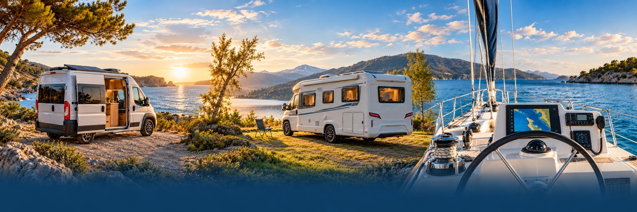 Illustrative Bildkomposition mit Camper, Wohnmobil und Steuerstand eines Bootes in einer durchgehenden Landschaft
